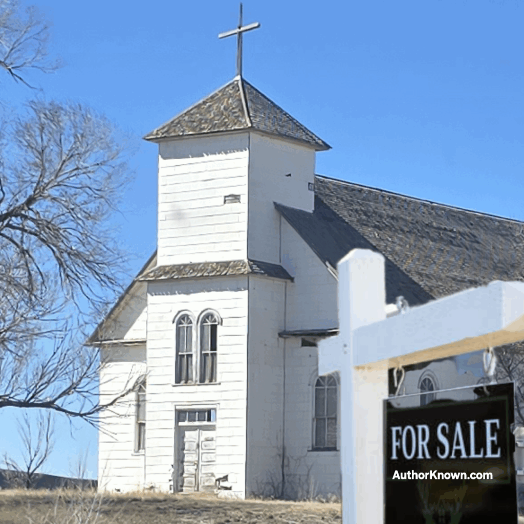 Old white church with a cross on top and a "For Sale" sign in front, symbolizing abandonment and transition. Clear blue sky and bare trees in the background.
